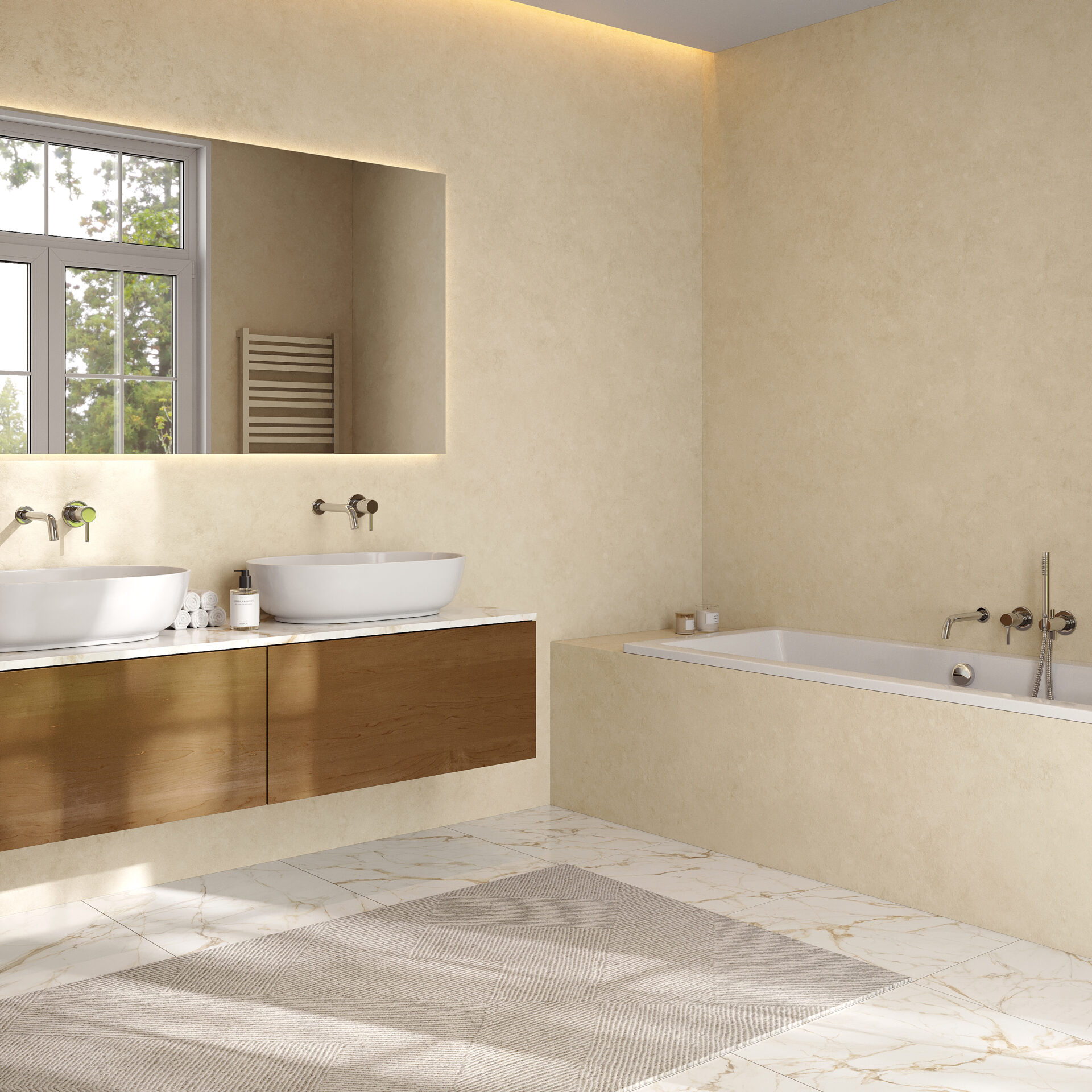 Modernisiertes Badezimmer in Wien mit vollständig in Mikrozement verkleideter Badewanne in hellbeiger Oberfläche – fugenlos & pflegeleicht.