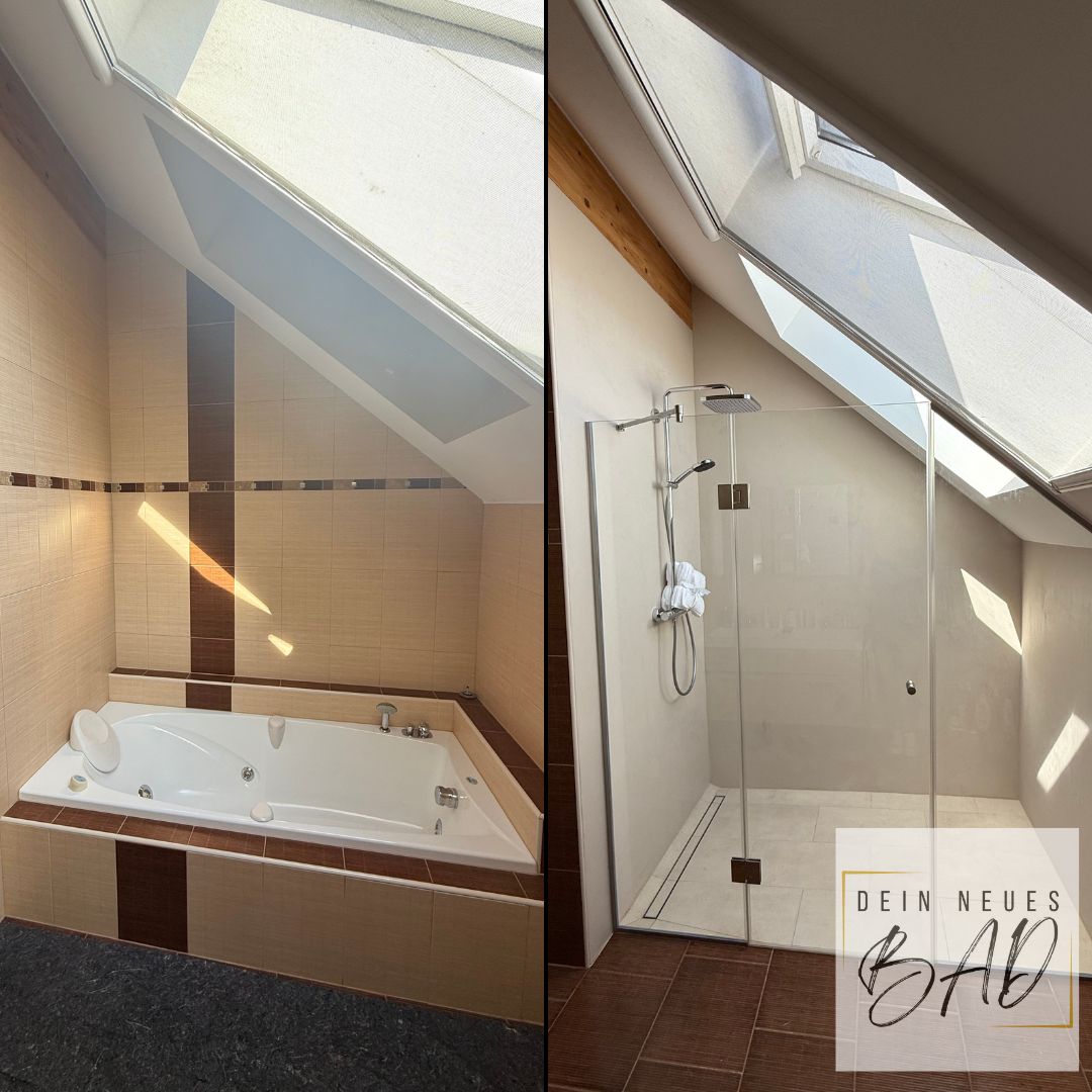 Vorher-Nachher-Bild eines Badumbaus unter einer Dachschräge: Austausch einer großen Eckbadewanne gegen eine platzsparende, bodengleiche Dusche mit Glasabtrennung. Moderne Regenbrause und Mikrozementwände schaffen mehr Raumgefühl und Licht im kleinen Bad.