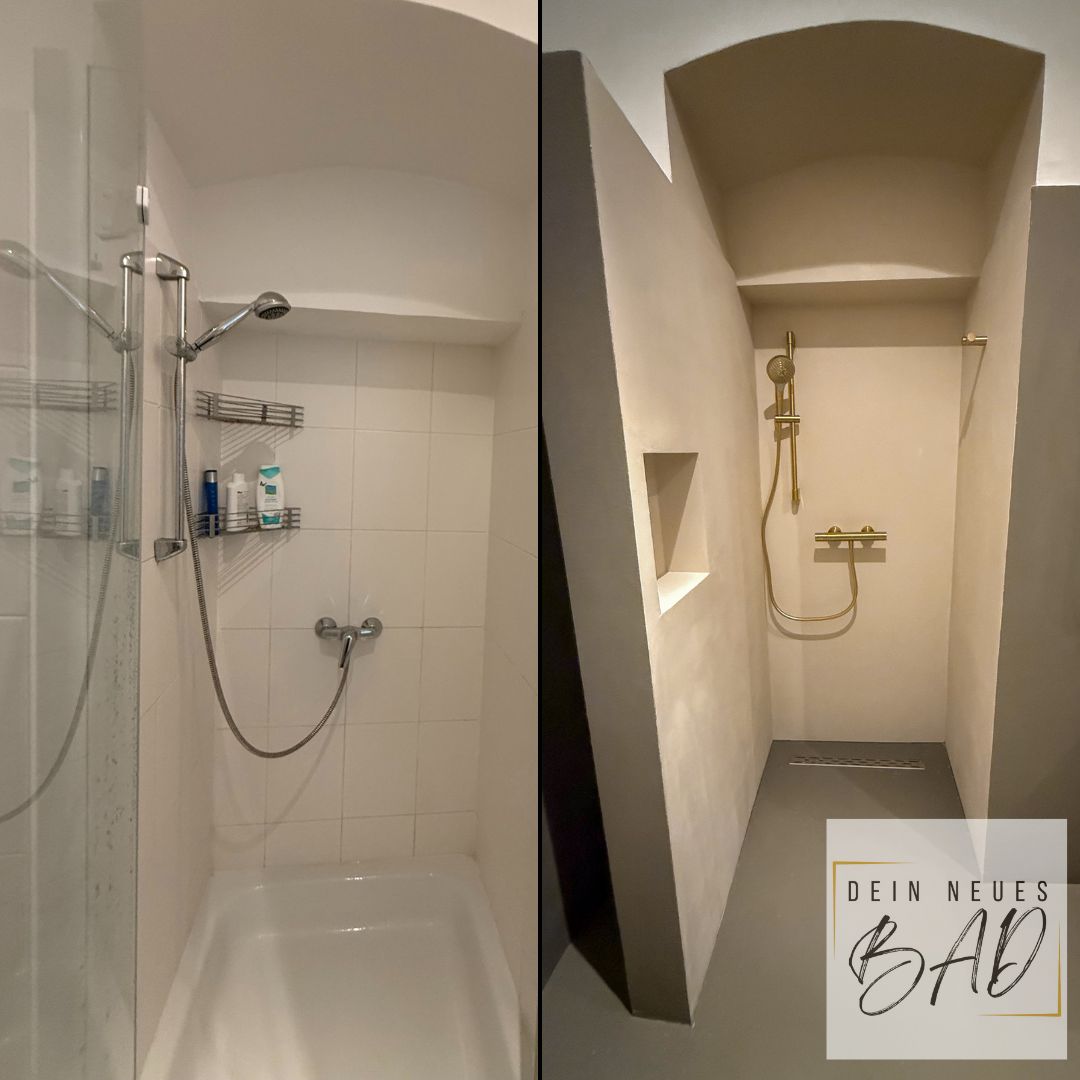 Vorher-Nachher Vergleich einer Dusche: links alte Dusche mit Fliesen und Duschwanne, rechts moderne Sanierung mit fugenlosem Mikrozement, integrierter Nische und goldener Armatur.